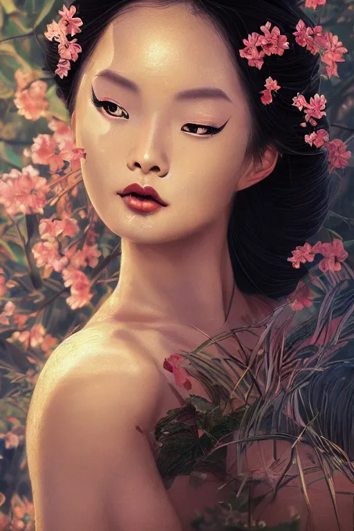 Image similar to stunningly beautiful, drunken geisha prima ballerina in jungle, symmetrical face, golden hour, smooth, focus, highly detailed, hyper realistic, dramatic lighting, elegant, intricate, concept art, art by wlop, mars ravelo, greg rutowski, artstation