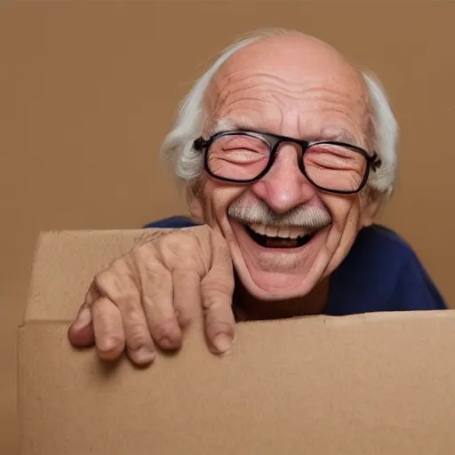 Prompt: an smiling old man hiding in a box