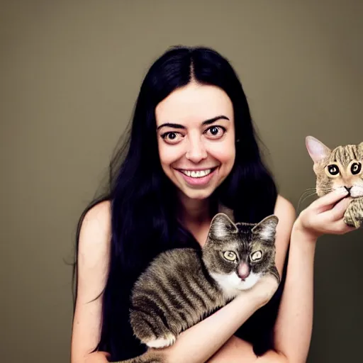 Prompt: a girl with long dark hair, her face is a mix between aubrey plaza, krysten ritter, lucy hale and maisie williams, she is holding a cat in her arms, a stock photo by juan villafuerte, pexels contest winner, high quality photo, rtx, hd, shiny eyes