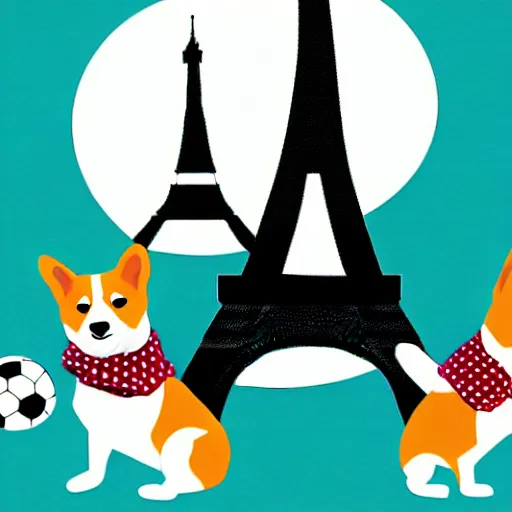 Image similar to illustration of french boy playing football with a corgi wearing a polkadot scarf in front of the eiffel tower