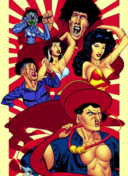 Image similar to rage against the machine, retro glam, digital painting by don bluth, frank cho, j scott campbell, oliva