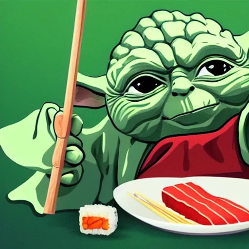 Image similar to yoda eating sushi with wood chopsticks, detailed, illustration, 2d, 4k