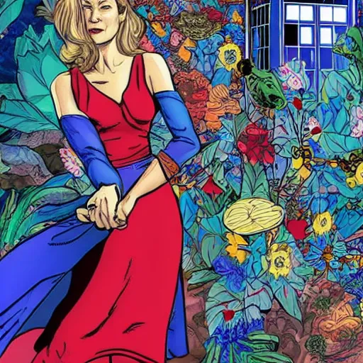 Image similar to rosamund pike with dark - hair as the doctor, wearing a colourful floral patterned suit, in the background is the tardis, bold complementary colours, 2 d matte, comic book art, art by michael choi and joe madureira,