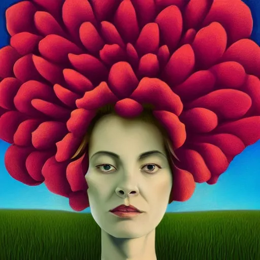 Image similar to huge flower as head, woman standing in a field, surreal, flat light, painting, digital painting, artstation, georgia o'keeffe