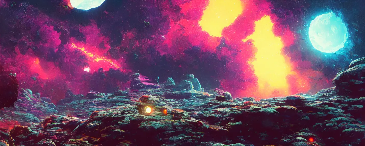 Image similar to ” rocky asteroid floating in space, [ cinematic, detailed, epic, widescreen, opening, establishing, mattepainting, photorealistic, realistic textures, octane render, art by paul lehr ] ”