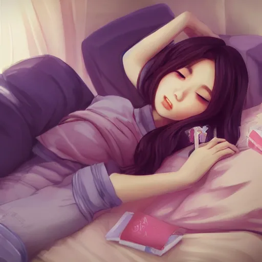 Prompt: lofi hiphop girl lying in bed studying listening to music by Wenqing Yan, WLOP, Zumidraws, OlchaS Logan cure liang Xing