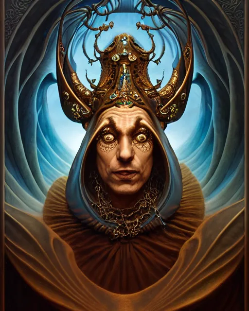 Image similar to front shot of a court jester character, hyperdimensional, bioluminescent, ((intricate)), elegant, highly detailed, centered, (((artstation, concept art, smooth, sharp focus, artgerm, Tomasz Alen Kopera, Peter Mohrbacher, donato giancola, Joseph Christian Leyendecker, WLOP, Boris Vallejo))), mugshot!!!!!, ugly!!!!!!, octane render, nvidia raytracing demo, grainy, muted