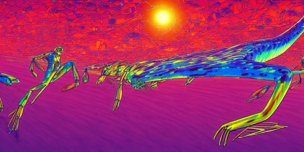 Prompt: electric cats that fly over ice, a lot of glass around, shrimps are all over the ground, psychedelic hallucinations, martian heat, by moebius, colorful flat surreal design, hd, 8 k, artstation