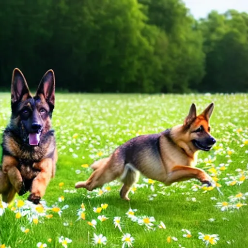 Image similar to German shepherd dog and bunny running in a field with daisies, trees in the distance with sun blue skies a couple of clouds