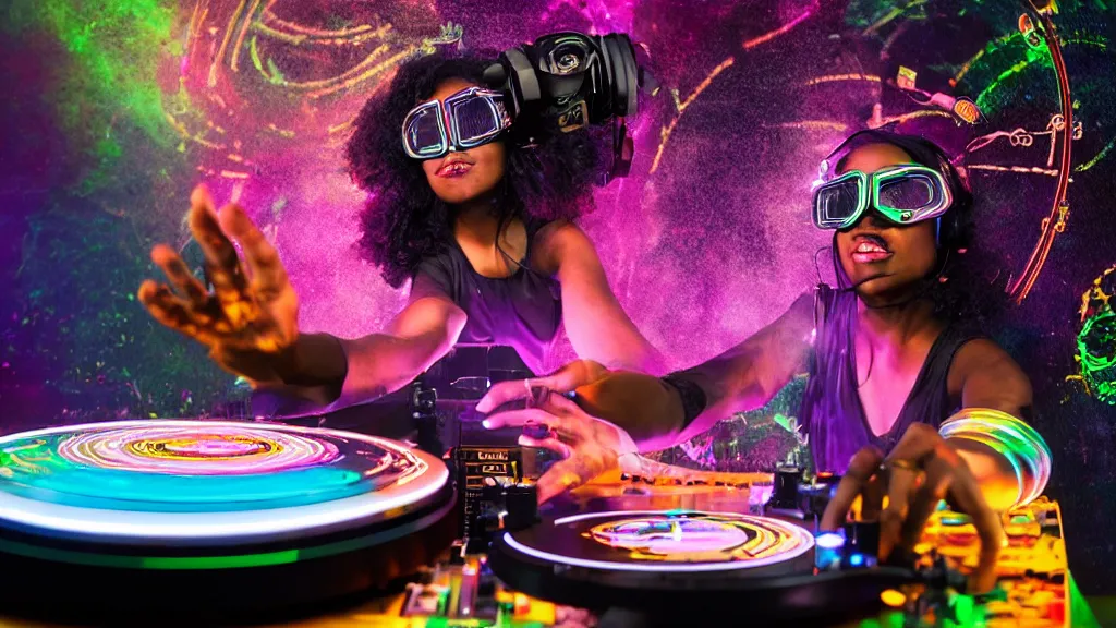 Image similar to a black woman wearing goggles and visor and headphones using an intricate clockwork record player turntable contraption, robot arms, computer screens, turntablism dj scratching, intricate planetary gears, cinematic, sharp focus, led light strips, bokeh, iridescent, black light, fog machine, hazy, lasers, spotlights, light trails, hyper color photograph