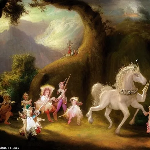 Image similar to The conceptual art features a pantomime unicorn onstage, surrounded by a group of children who are clapping and cheering. The unicorn is wearing a sparkly costume and has a long, flowing mane. Its horn is glittering and its eyes are wide open, as if it is enjoying the performance. by Thomas Moran flowing