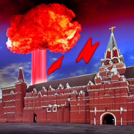 Image similar to high quality photo of Red Square with flames and mushroom cloud on background, highly detailed, 8k, professional