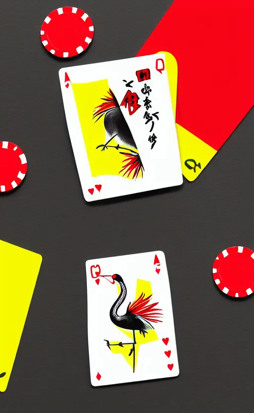 Prompt: poker card style, simple, modern look, colorful, japanese crane bird symbol in center, pines symbols, trading card front, turchese and yellow and red and black, vivid contrasts, for junior, smart design, backed on kickstarter