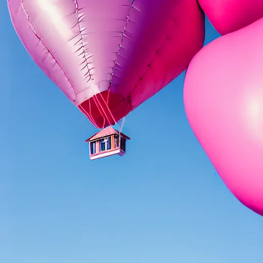 Prompt: a 5 0 mm lens photograph of a cute pink floating house in the air, held in by heart shaped vibrant ballons, inspired by the movie up. mist, playful composition canon, nikon, award winning, photo of the year
