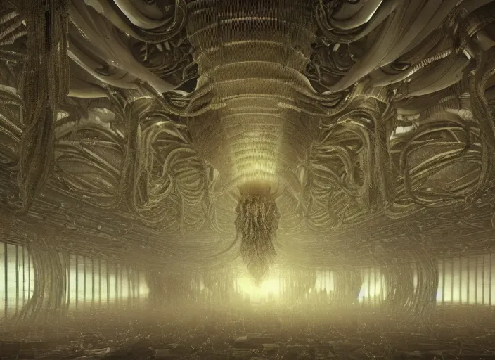 Prompt: an organic xenomorphic alien queen hive in a massive warehouse, twisting organic tendrils, haze, highly detailed hyper real retro interior high ceilings, retro futuristic, volumetric interior lighting, artstation, unreal engine render 8 k by giger, beksinski, greg rutkowski