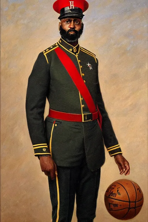 Prompt: full body portrait of the dictator of the houston rockets, 1 8 8 9, in full military garb, oil on canvas by william sidney mount, trending on artstation