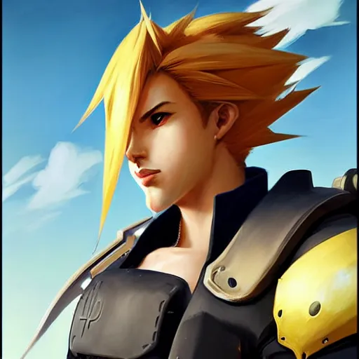 Image similar to Greg Manchess portrait painting o Cloud Strife as Overwatch character, medium shot, asymmetrical, profile picture, Organic Painting, sunny day, Matte Painting, bold shapes, hard edges, street art, trending on artstation, by Huang Guangjian and Gil Elvgren and Sachin Teng