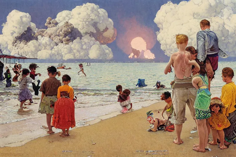 Prompt: kids playing at the beach, huge atomlc explosion in the background, wide angle lens, detailed, by norman rockwell, by mattias adolfsson, by alphonse mucha, oil on canvas,