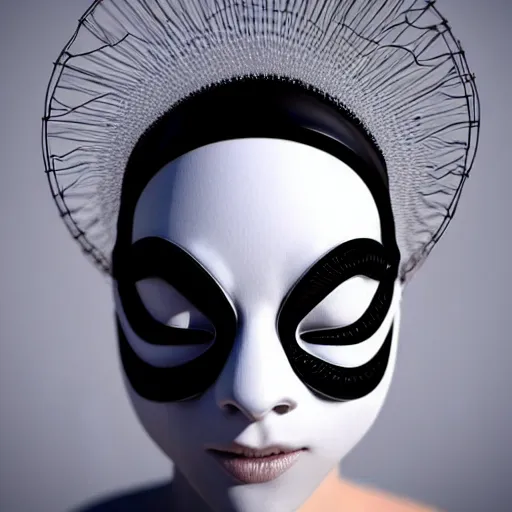 Image similar to ultra detailed woman wearing a white mask with black wires on her head, featured on pinterest, net art, made of wire, 1 0 mm lens, elegant, ultra detailed, hyper realistic vfx simulation, unreal engine, volumetric lighting, 8 k post - production