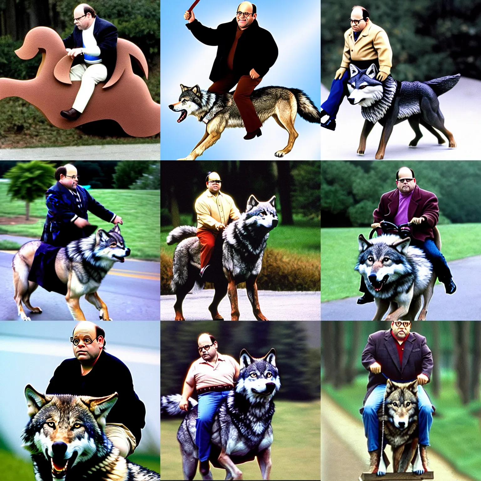 Image similar to George Costanza (from Seinfeld) riding a wolf