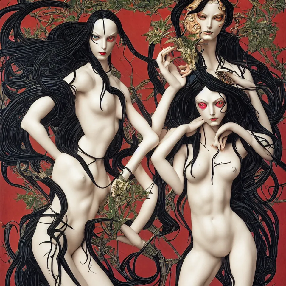 Image similar to 12 figures representing the sins, 3 are Gluttony, 3 are Pride, 3 are Envy, and 3 are Wrath, in a mixed style of Botticelli and Æon Flux, inspired by pre raphaelite paintings, and cyberpunk!!!, stunningly detailed, stunning inking lines, flat colors, 4K photorealistic.