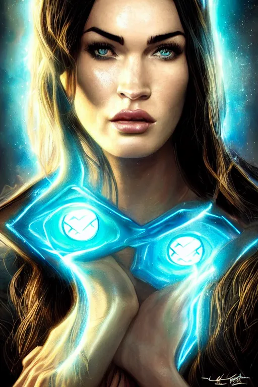 Image similar to majestic and regal portrait of megan fox female blue lantern, dc universe, perfect face, beautiful, intricate, epic, elegant, fantasy, highly detailed, digital painting, hard focus, beautiful volumetric lighting, epic light, ultra detailed, by leesha hannigan, ross tran, thierry doizon, kai carpenter, ignacio fernandez rios