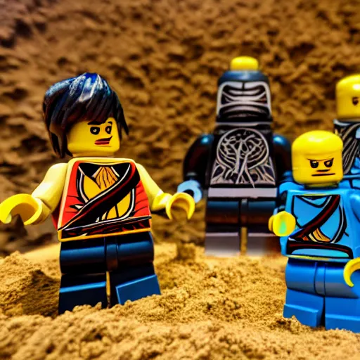 Prompt: lego ninjago ninjas playing in the sandpit