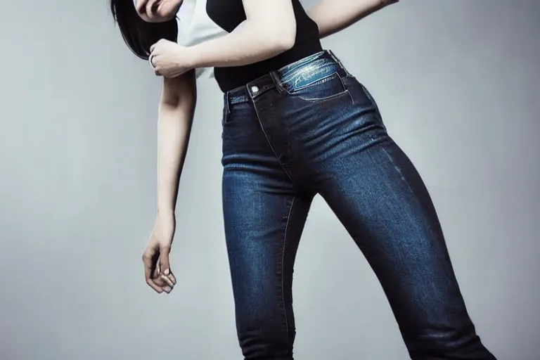 Prompt: still photo of a very beautiful woman wearing jeans and top, black and white color aesthetic, highly detailed, photorealistic portrait, bright studio setting, studio lighting, crisp quality and light reflections, unreal engine 5 quality render