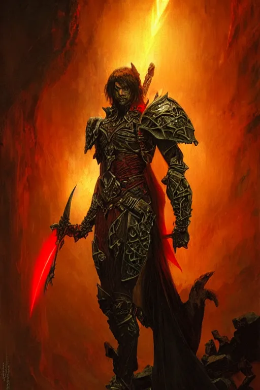 Prompt: vampire elf in impressive stone armor with red glowing eyes, holding a demonic spear that glows with red energy portrait dnd, painting by gaston bussiere, craig mullins, greg rutkowski, yoji shinkawa