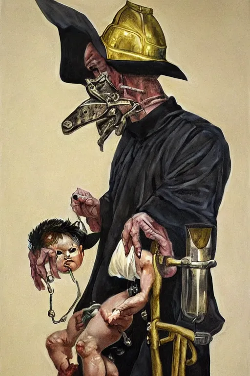 Prompt: hyperrealism oil painting of a handsome man, strong jaw, symmetrical, sitting in a gilded throne, tubes coming out of the man's arm, getting a blood transfusion from a baby. plague doctor. in the style of classicalism mixed with retro japanese book art