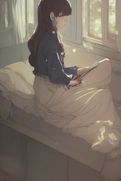 Image similar to a girl in a jk uniform outfit in the bedroom reading a book in a night, raining outside the window, grey theme ， wavy white long hair, by krenz cushart and mucha and akihito yoshida and greg rutkowski and makoto shinkai, detailed eyes, 4 k resolution