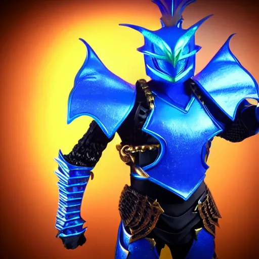 Image similar to High Fantasy Dragon Kamen Rider, blue armor with red secondary color, 4k, glowing eyes in helmet, daytime, chainmail, rubber suit,