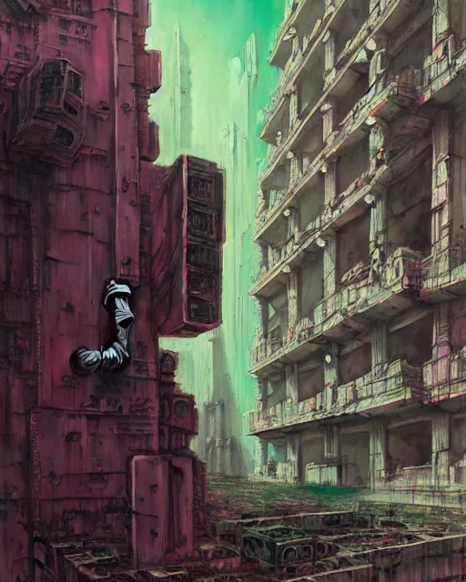 Image similar to hyperrealistic highly detailed exoskeleton baroque mecha iridescent pink brutalist city ruins background concept art santiago caruso de chirico sharp very dramatic green light 8k low angle shallow depth of field