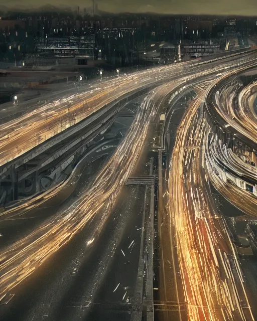 Image similar to freeway at night, light from traffic in the city beyond, unreal engine, hyperrealism, realistic shading, cinematic composition, realistic render, octane render, detailed textures, by liam wong and makoto shinkaismoothed : symmetrical fractal pattern, collection of cells, artwork for creative design, art and entertainment