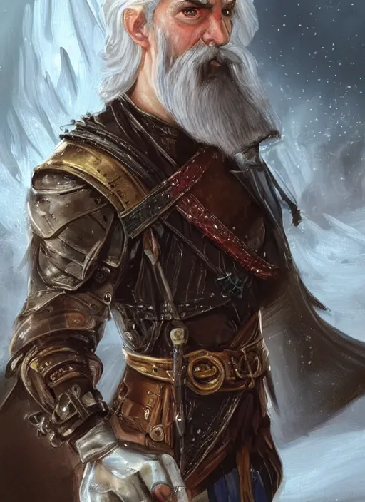 Image similar to tristan fulcher livedoce young man with short white fringe white hair and moustache, dndbeyond, bright, colourful, realistic, dnd character portrait, full body, pathfinder, pinterest, art by ralph horsley, dnd, rpg, lotr game design fanart by concept art, behance hd, artstation, deviantart, hdr render in unreal engine 5