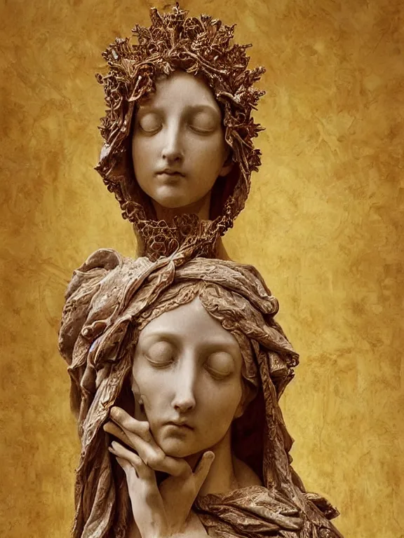 Prompt: a beautiful render of baroque catholic veiled sculpture, the red queen pieta, with symmetry intricate detailed,by LEdmund Leighton, peter gric,aaron horkey,Billelis,trending on pinterest,hyperreal,jewelry,gold,intricate,maximalist,glittering,golden ratio,cinematic lighting