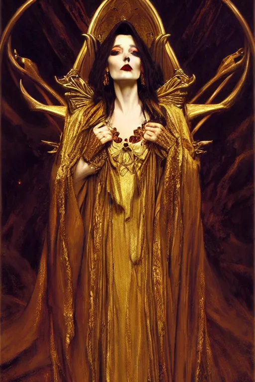 Prompt: perfectly centered portrait of beautiful vampire queen in gold gothic robe sitting on a throne of bones, painting by gaston bussiere, craig mullins, j. c. leyendecker, 8 k, mid shot