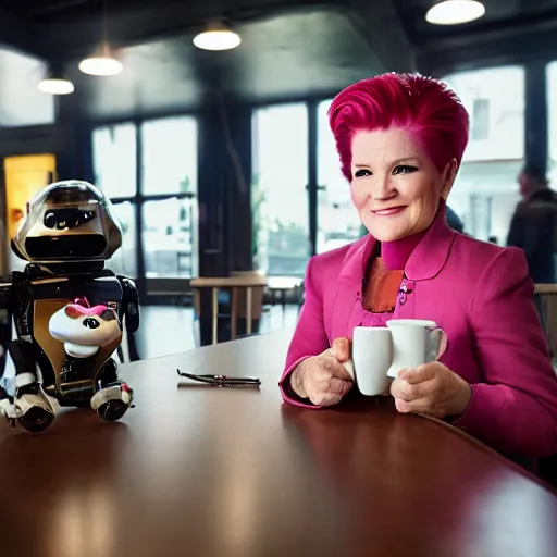 Image similar to captain janeway sharing coffee with a robotic fox with pink hair, inside a french cafe, real life photo, hdr 8 k advertising photography, studio lighting