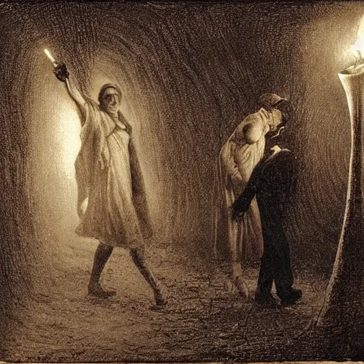 Image similar to young victorian man and woman traversing a dark maze, the man holding a torch, the woman hiding behind him, by alfred stevens