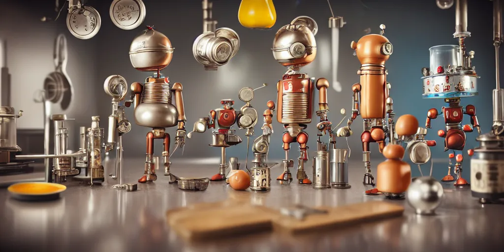 Image similar to closeup portrait of tin toy retro robot scientists in a kitchen, cooking pastry with flasks, depth of field, zeiss lens, detailed, centered, fashion photoshoot, by nicoletta ceccoli, mark ryden, lostfish, breathtaking, 8 k resolution, extremely detailed, beautiful, establishing shot, artistic, hyperrealistic, octane render
