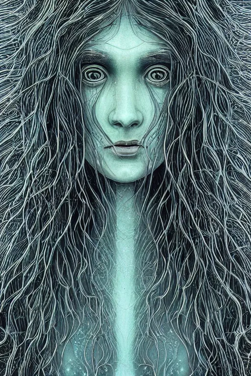 Image similar to dark underwater portrait of a Bioluminescent ancient woman, with reaction diffusion semi-transparent skin. face closeup. long intricate dark hair, with jellyfish. very high detail, illustration, by alex grey and Ilya Kuvshinov