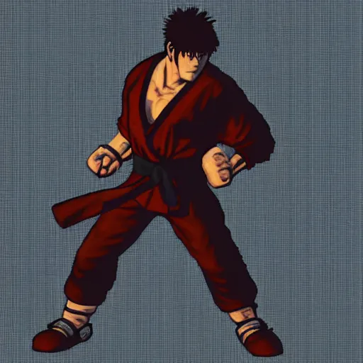 Image similar to ryu from the video game street fighter 2 trapped in the video game silent hill 3, highly detailed character sprite