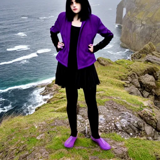 Image similar to 1 7 - year - old pale - skinned persian girl with black long bob cut, black gothic jacket, purple eyes, psychic girl, standing on cliff along the irish coast, overcast gray skies