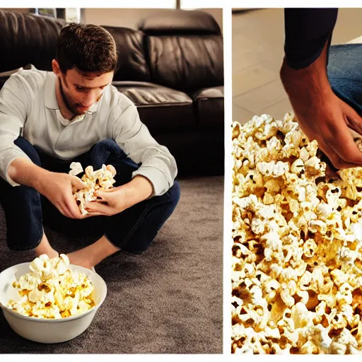 Prompt: photo of a man eating popcorn, another man on the floor with a broken back, another man on the floor vomiting all over himself, and another man breaking the roof