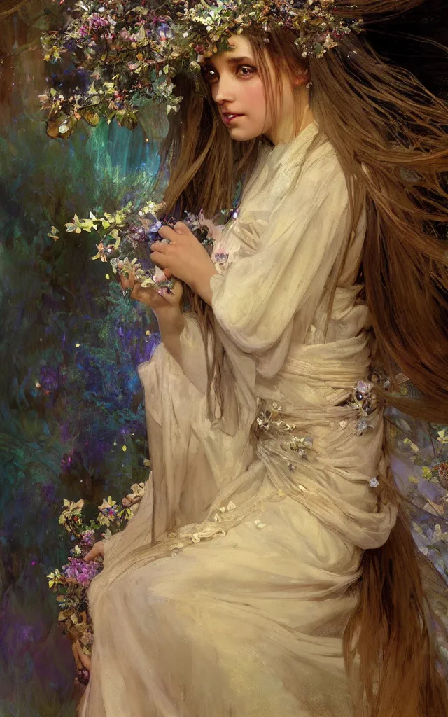 Image similar to hyperrealist portrait of a fairy girl emperorit is decorated with long robes that fall like stars and wears a huge crown. by jeremy mann and alphonse mucha, fantasy art, photo realistic, dynamic lighting, artstation, poster, volumetric lighting, very detailed faces, 4 k, award winning