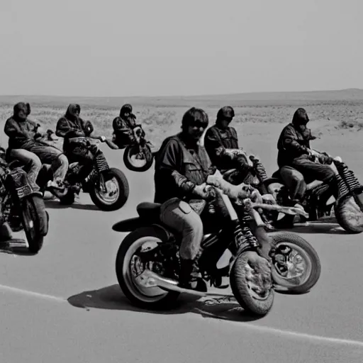 Image similar to hells angels riding ona long road in the desert