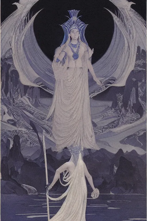 Image similar to lost queen of the night river with her scepter, by Nicholas Roerich and jean delville and Maxfield Parrish, dramatic cinematic lighting , ornate headdress , lost civilizations, extremely detailed, unreal engine