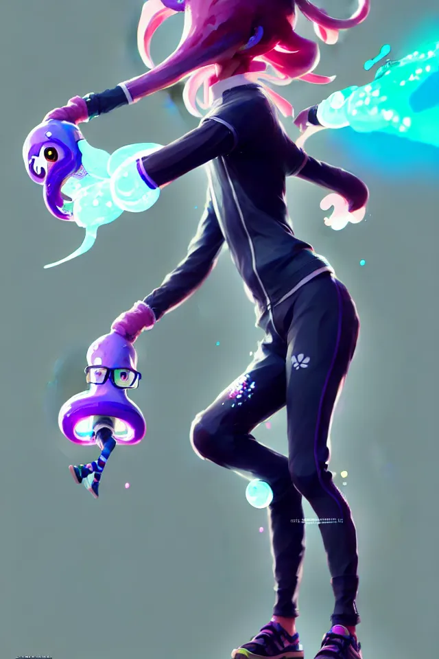 Image similar to a beautiful fullbody portrait of a cute splatoon anime boy wearing tight leggings under shorts. character design by cory loftis, fenghua zhong, ryohei hase, ismail inceoglu and ruan jia. artstation, volumetric light, detailed, photorealistic, fantasy, rendered in octane