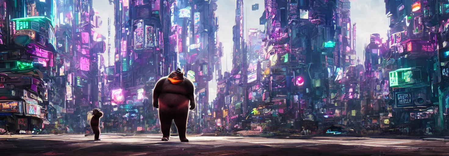 Image similar to photo of big chungus roaming in a cyberpunk futuristic city