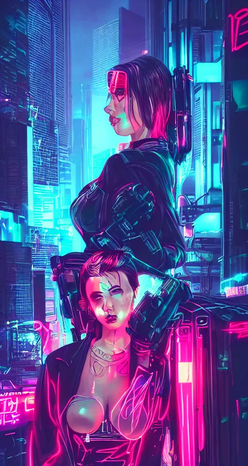 Prompt: high detailed cyberpunk women, city, neon lights, glow, sunset, atmospheric, cinematic, retrowave style,